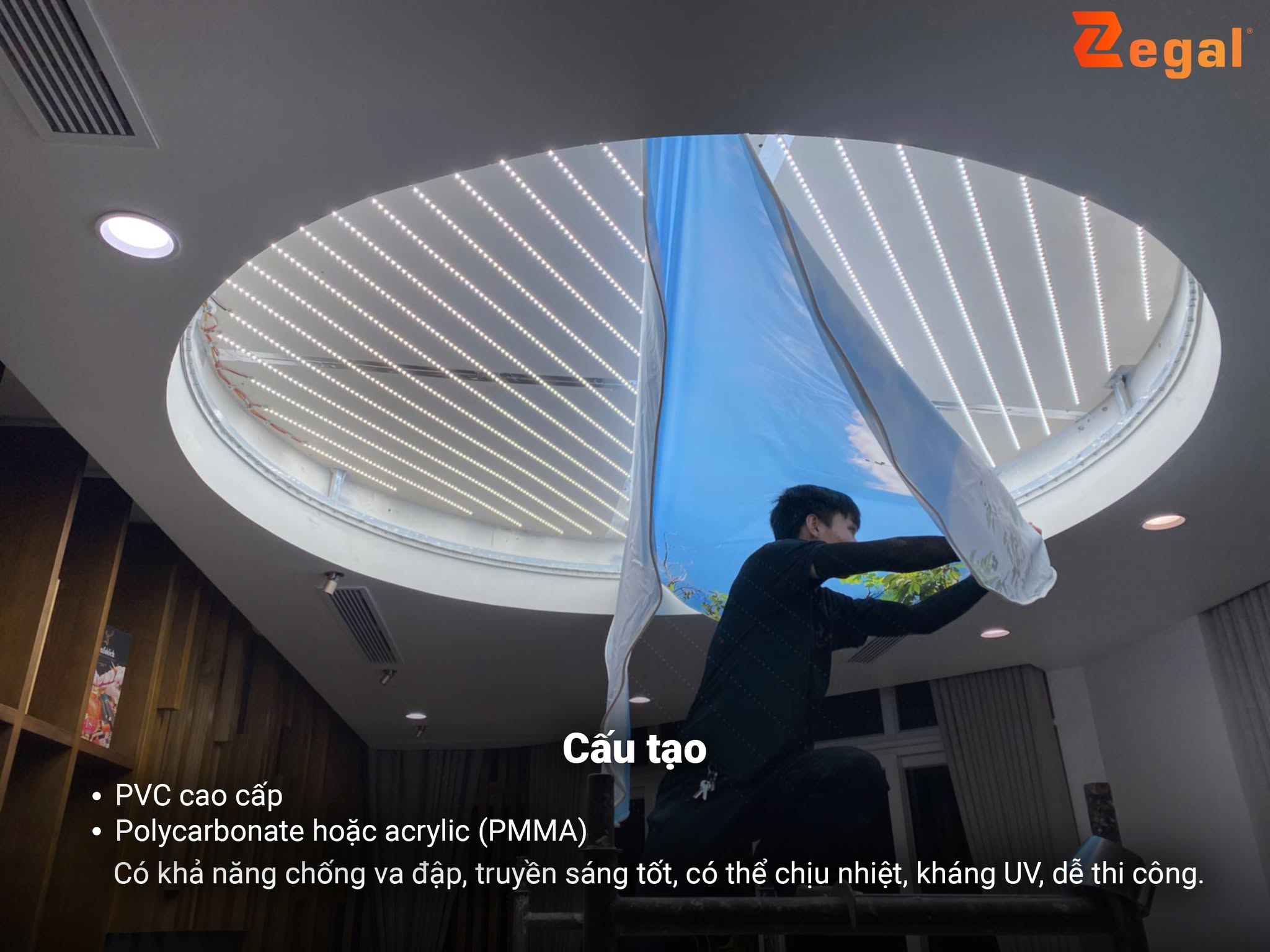  Cấu tạo cơ bản của hệ trần in với màng căng và khung nhôm.