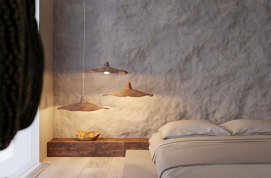 Không gian phòng ngủ thiết kế theo Phong cách Wabi Sabi với vật liệu tự nhiên và ánh sáng dịu nhẹ (nguồn Internet).