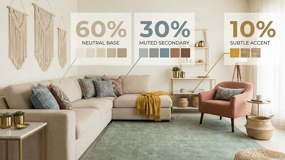 Quy tắc 60-30-10 phân bổ màu chủ đạo, màu phụ và màu nhấn để tạo tổng thể hài hòa (nguồn Internet).