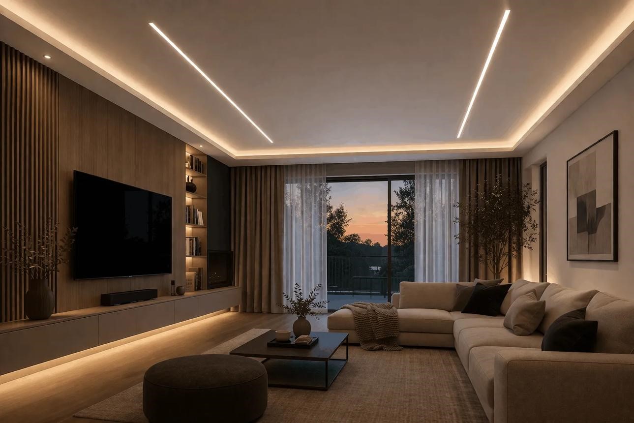 Hệ thống đèn LED âm trần và chiếu sáng gián tiếp giúp không gian linh hoạt theo nhu cầu sử dụng (nguồn Internet).